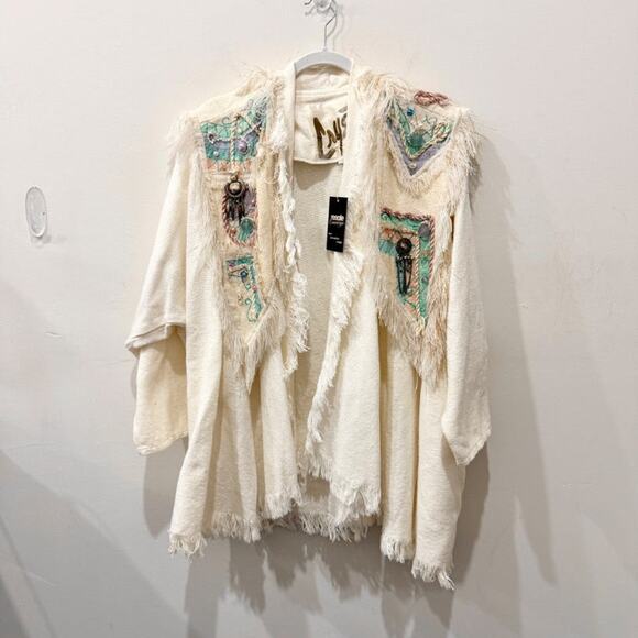 Crystal Embellished Fringe Cape Cotton Oversized Jacket White Multi Women Size M - Picture 1 of 7